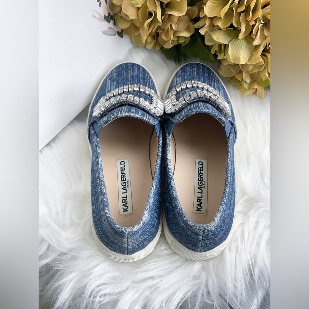 Karl Lagerfeld Navy Denim Slip on Shoes with Diamond Buckle Size 6/36 - Picture 4 of 8